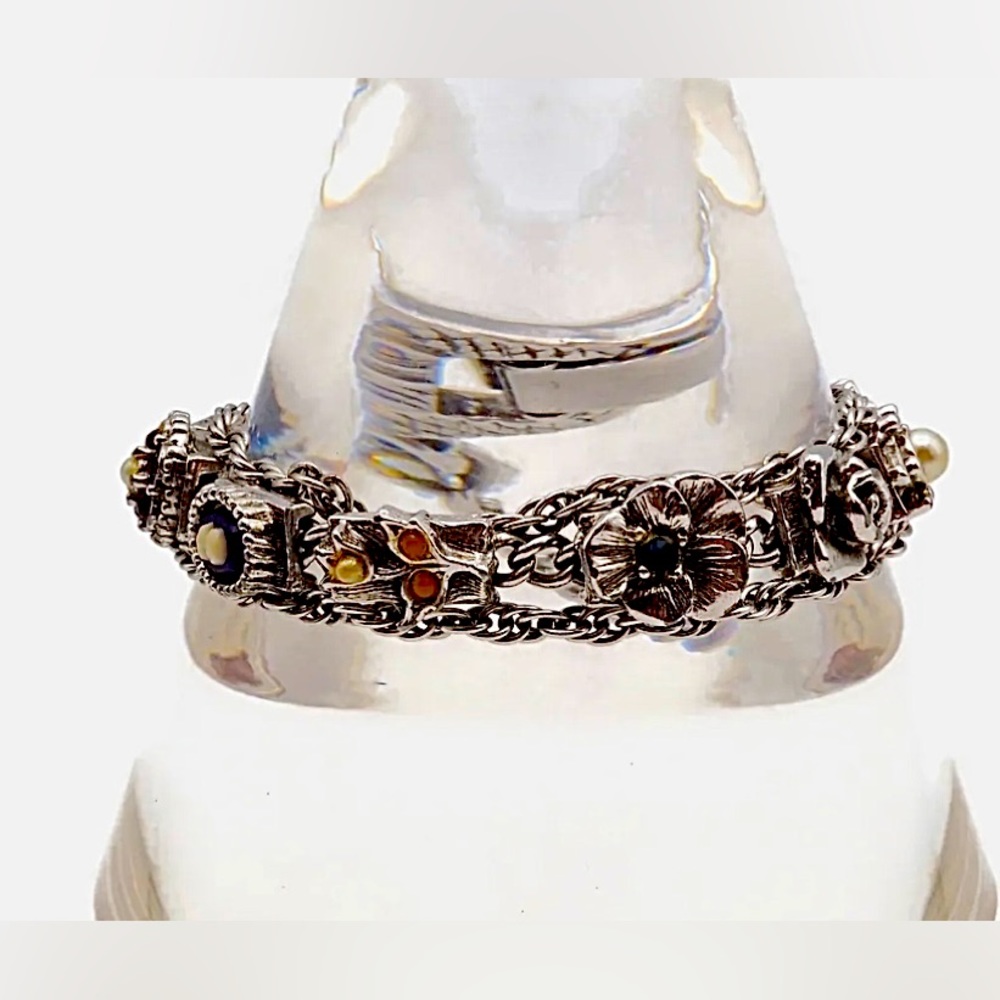 Judy Lee 1950's Silver Tone Three Strand Charm Bracelet Fold Over Clasp 7 Inch